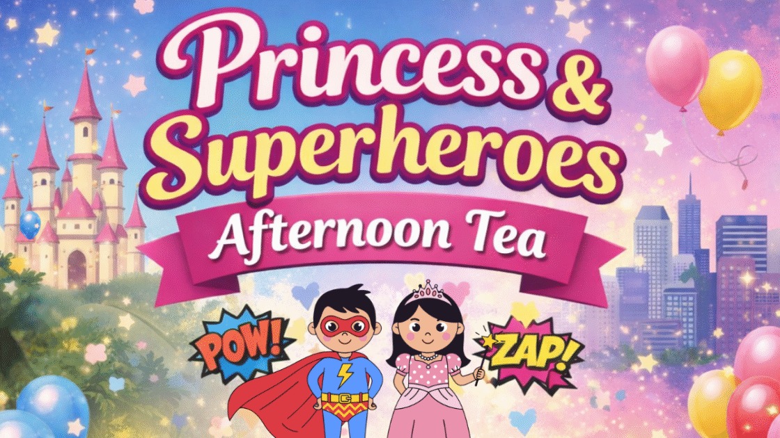 Magical castle backdrop for Princess & Superheroes Afternoon Tea with colourful balloons and city skyline.