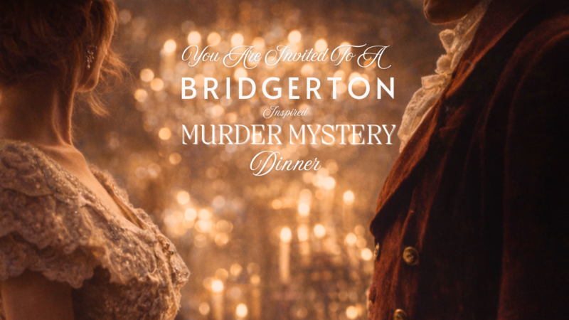 Elegant duo in period attire at Bridgerton-themed dinner, sparkling chandeliers set a glamorous, inviting scene.