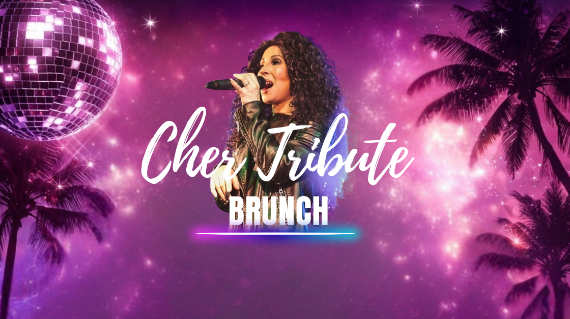 Experience a vibrant Cher tribute brunch with disco ball and palm trees, promising music and relaxation in a lively setting.