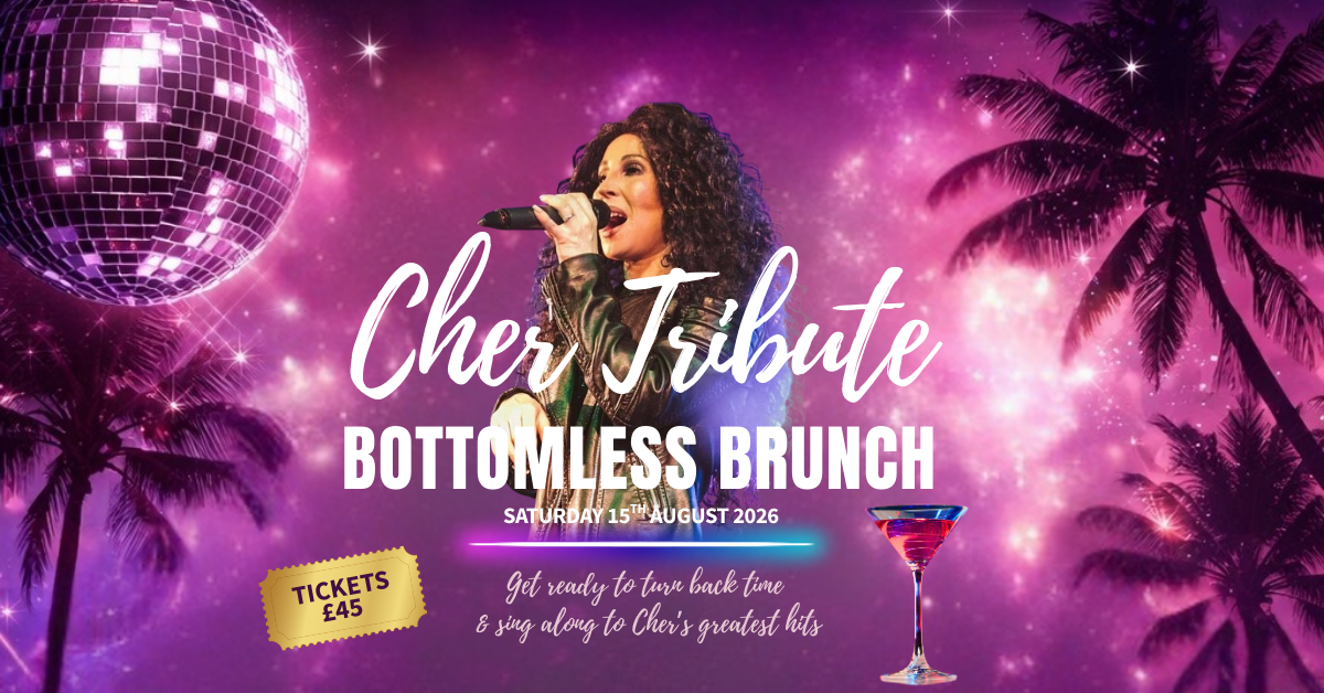 Vibrant Cher tribute brunch with disco lights, palm trees, and cocktails, offering lively entertainment and fun.