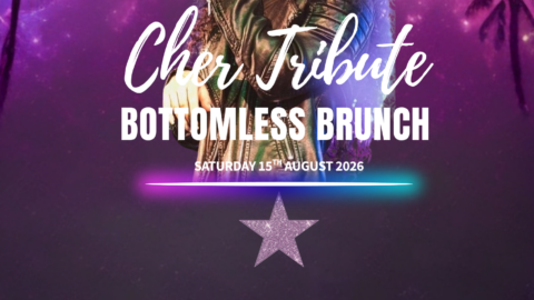 Cher tribute event with palm trees and disco lights, inviting guests for a festive brunch experience on 15th August 2026.