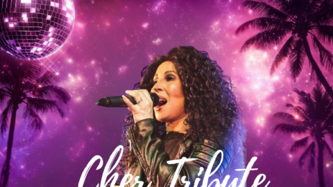 Cher tribute event with palm trees and disco lights, inviting guests for a festive brunch experience on 15th August 2026.