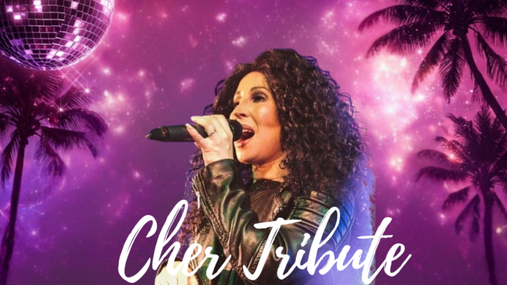 Cher tribute event with palm trees and disco lights, inviting guests for a festive brunch experience on 15th August 2026.
