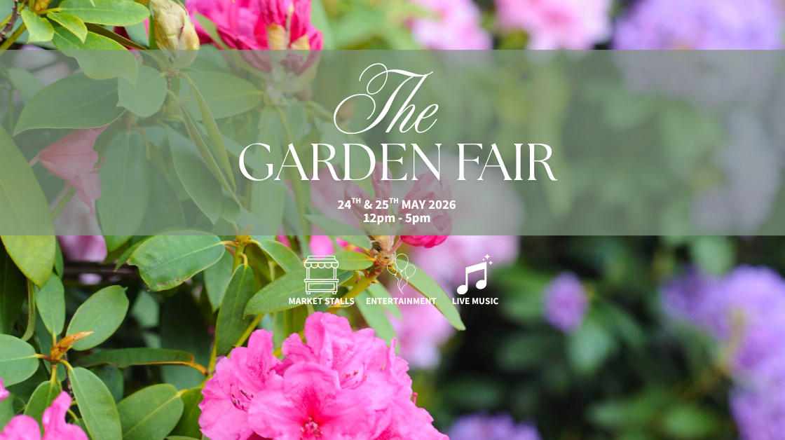Lush garden with vibrant pink and purple flowers, promoting the hotel&rsquo;s Garden Fair event with market stalls and live music.