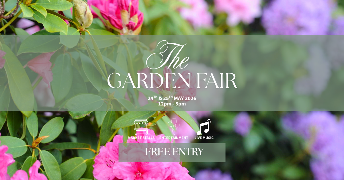 Vibrant garden with pink and purple flowers, promoting hotel&rsquo;s Garden Fair event. Includes market stalls and live music.