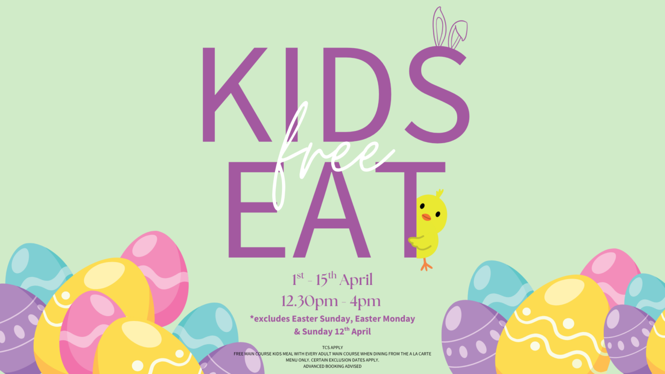 Kids Eat Free in April with colourful Easter eggs and a cute chick on a pastel background.