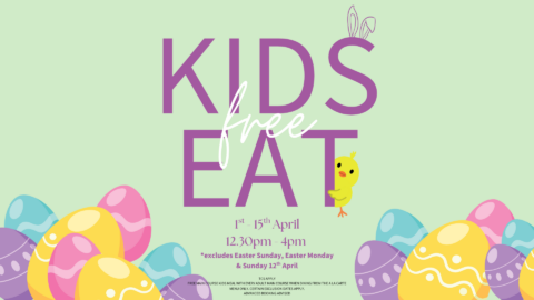 Kids Eat Free in April with colourful Easter eggs and a cute chick on a pastel background.