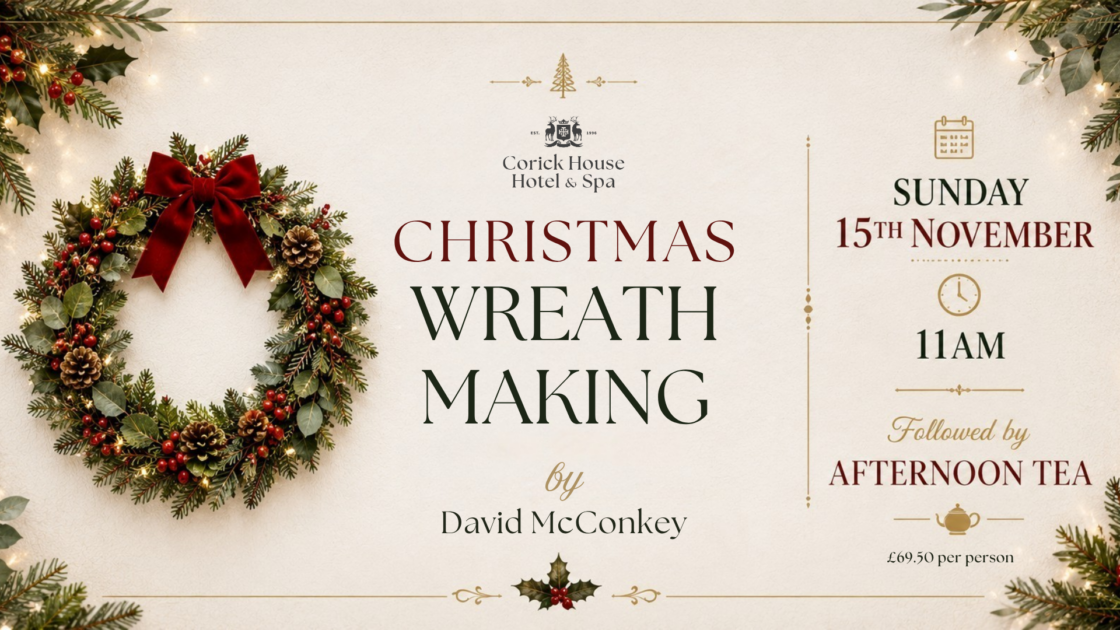 Christmas wreath with pinecones and red berries, inviting guests to a holiday wreath-making event with afternoon tea at Corick House Hotel & Spa.