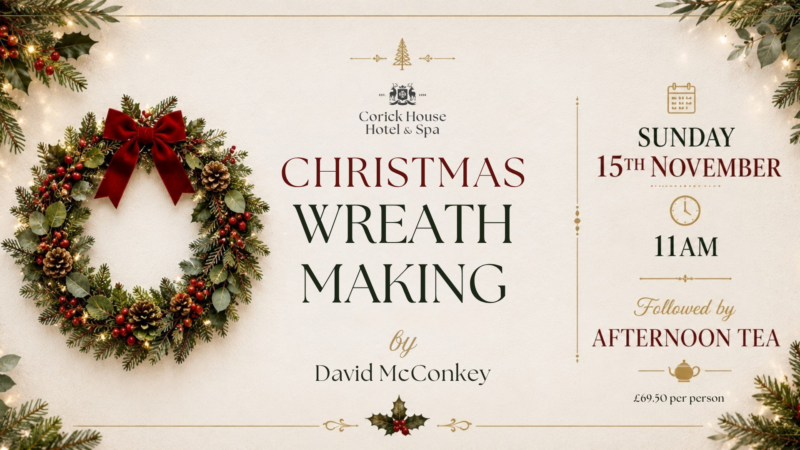 Christmas wreath with pinecones and red berries, inviting guests to a holiday wreath-making event with afternoon tea at Corick House Hotel & Spa.