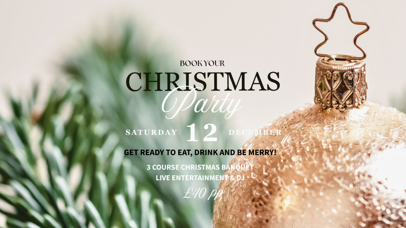 Elegant gold bauble with Christmas party details; enjoy a festive banquet and live DJ at the hotel on 12 December.