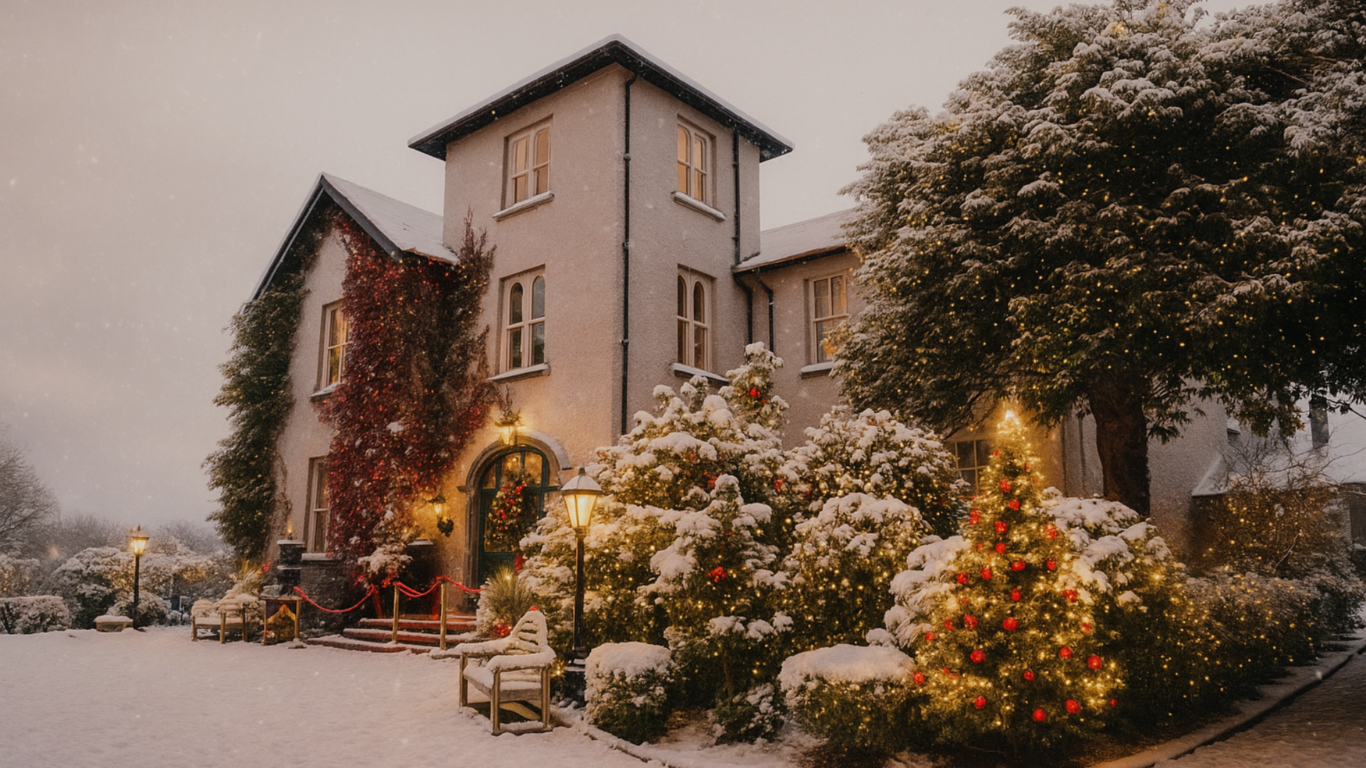 Charming snow-covered hotel entrance with festive lights, elegant ivy, and warmly lit trees, welcoming winter getaway.