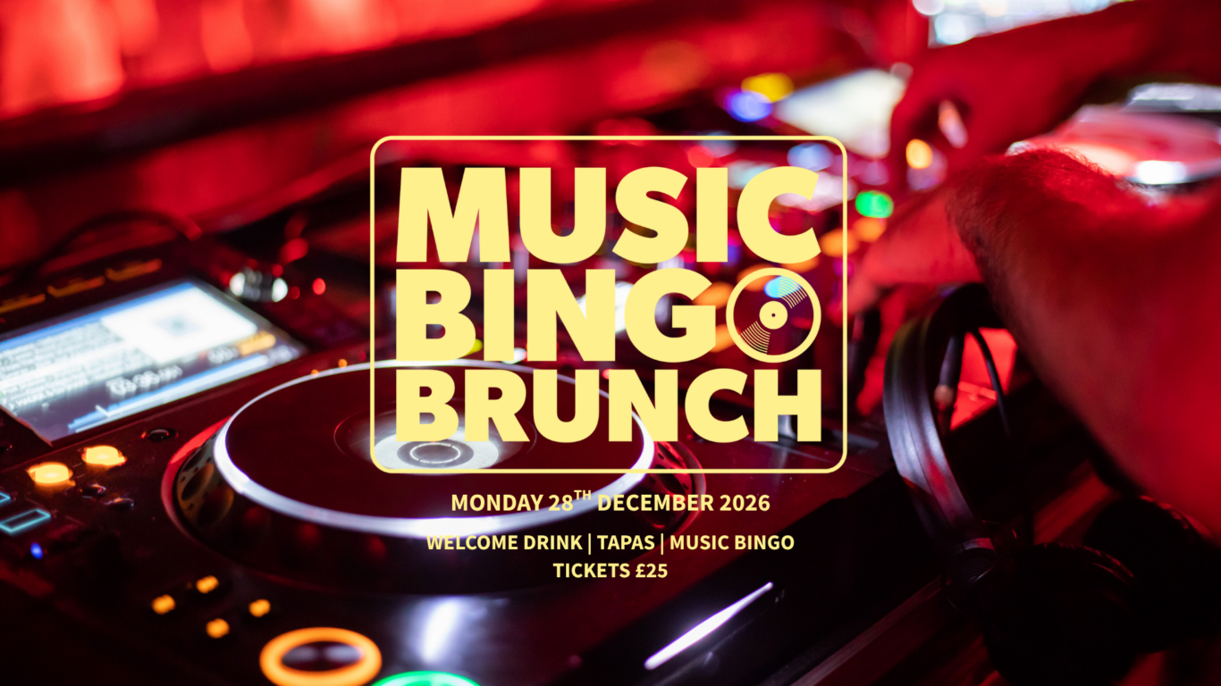 DJ booth with vibrant lights, promoting a lively Music Bingo Brunch event with tapas and welcome drinks.