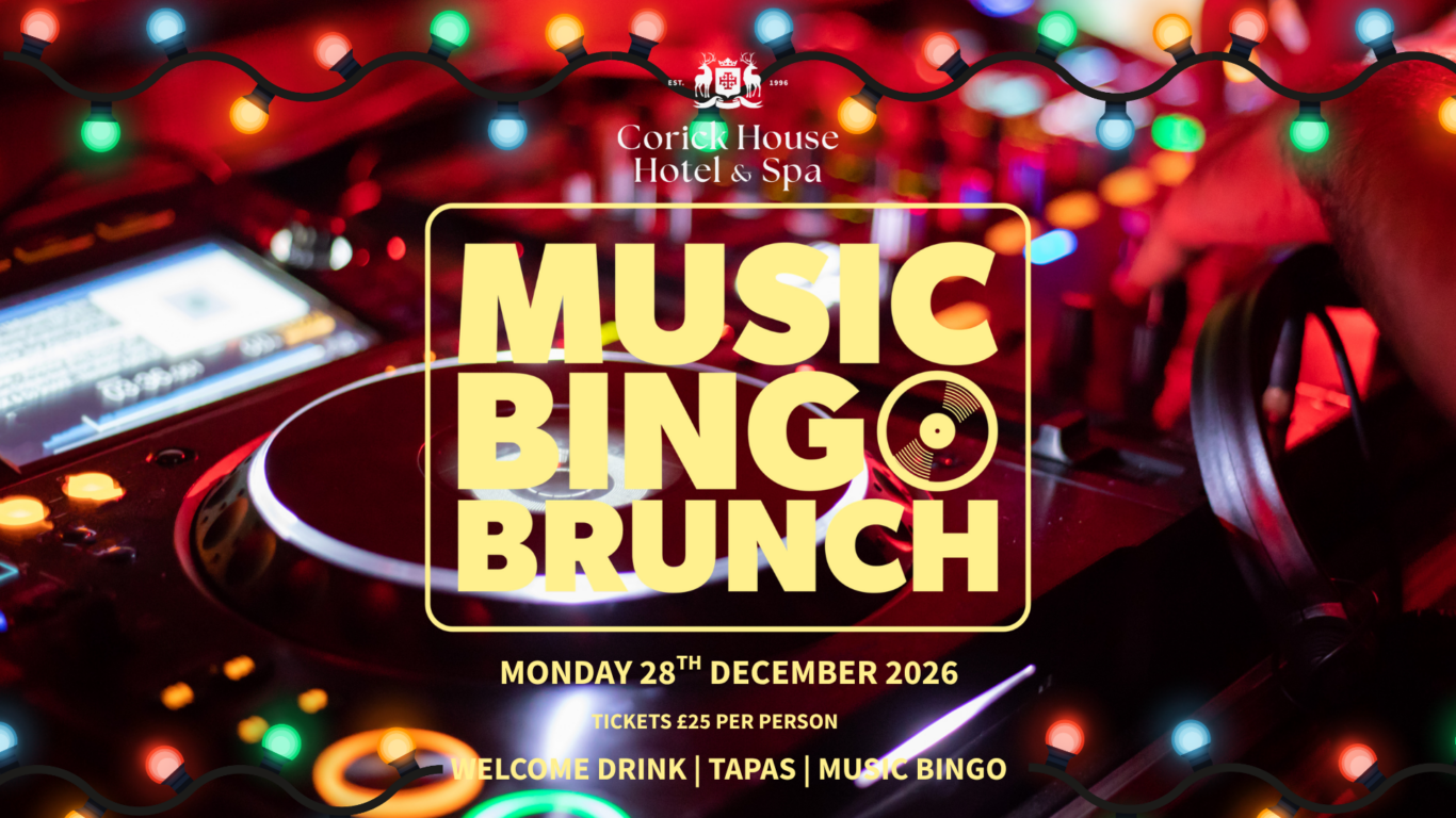 Experience vibrant DJ setup at Corick House Hotel's Music Bingo Brunch with colourful lights and lively atmosphere.
