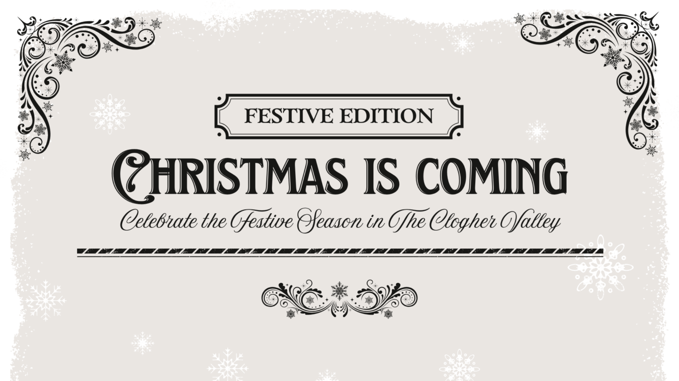 Festive Christmas celebration invitation in Clogher Valley with elegant black floral design on a snowy background.