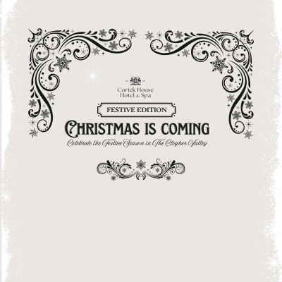 Festive hotel poster adorned with elegant swirls, announcing