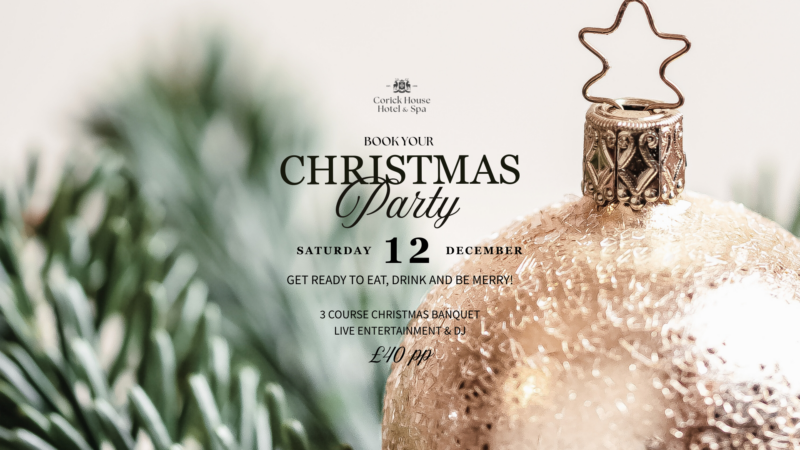 Elegant Christmas party invite with gold bauble, lush greenery, and festive details for a charming night at a luxury hotel.