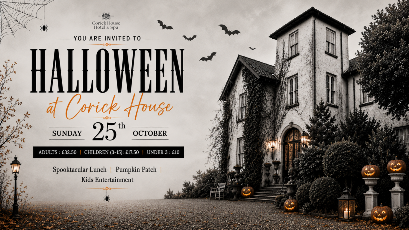 Experience a spooky Halloween at the grand Corick House Hotel, featuring festive pumpkins, bats, and a welcoming entrance.