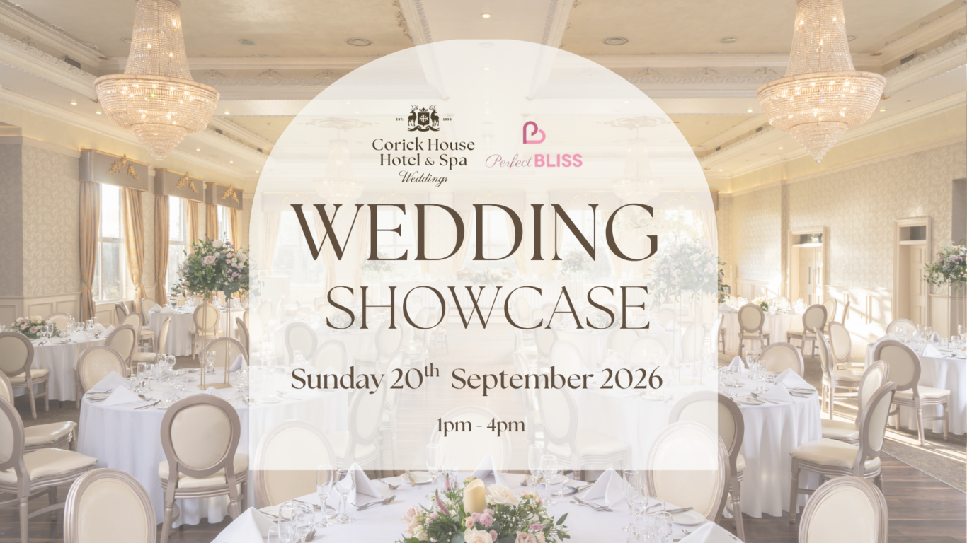 Elegant ballroom with luxurious chandeliers and floral centrepieces, ready for a memorable wedding showcase at Corick House Hotel.